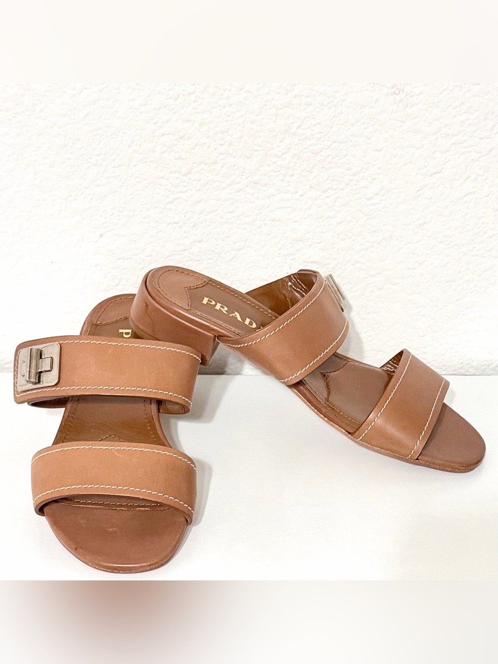 NWOT Prada Tan Leather Slides Brandy Double Strap Heeled Flat Sandals | 34 1/2